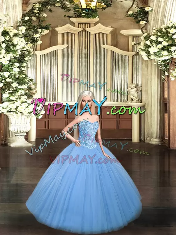 Sleeveless Tulle Floor Length Lace Up Quince Ball Gowns in Baby Blue with Beading