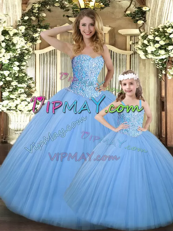 Sleeveless Tulle Floor Length Lace Up Quince Ball Gowns in Baby Blue with Beading