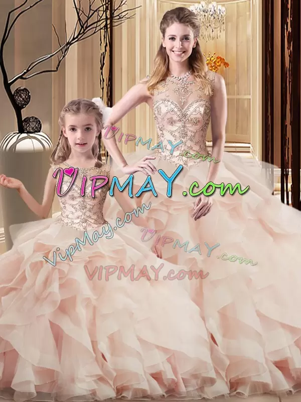 Peach Sleeveless Beading and Ruffles Lace Up 15th Birthday Dress Scoop