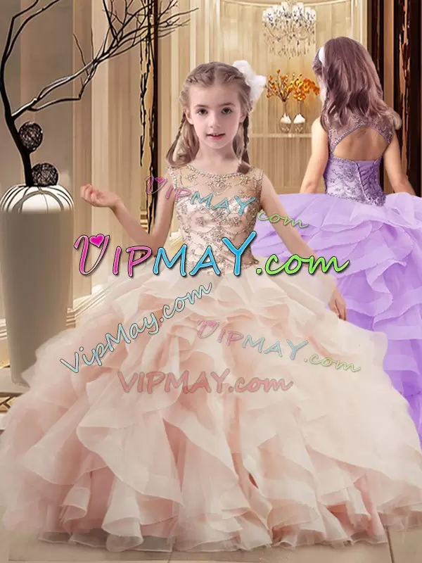 Peach Sleeveless Beading and Ruffles Lace Up 15th Birthday Dress Scoop