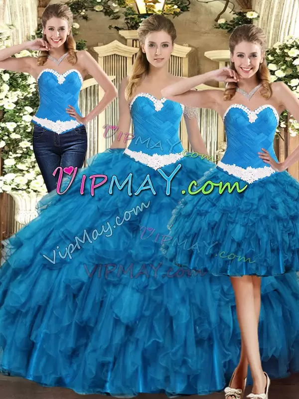 Teal Tulle Lace Up Ball Gown Prom Dress Sleeveless Floor Length Ruffles