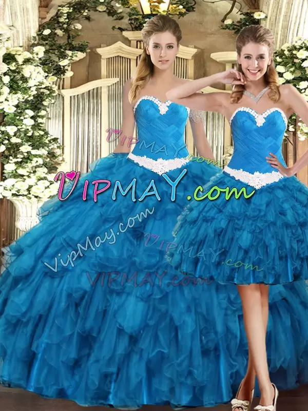 Teal Tulle Lace Up Ball Gown Prom Dress Sleeveless Floor Length Ruffles