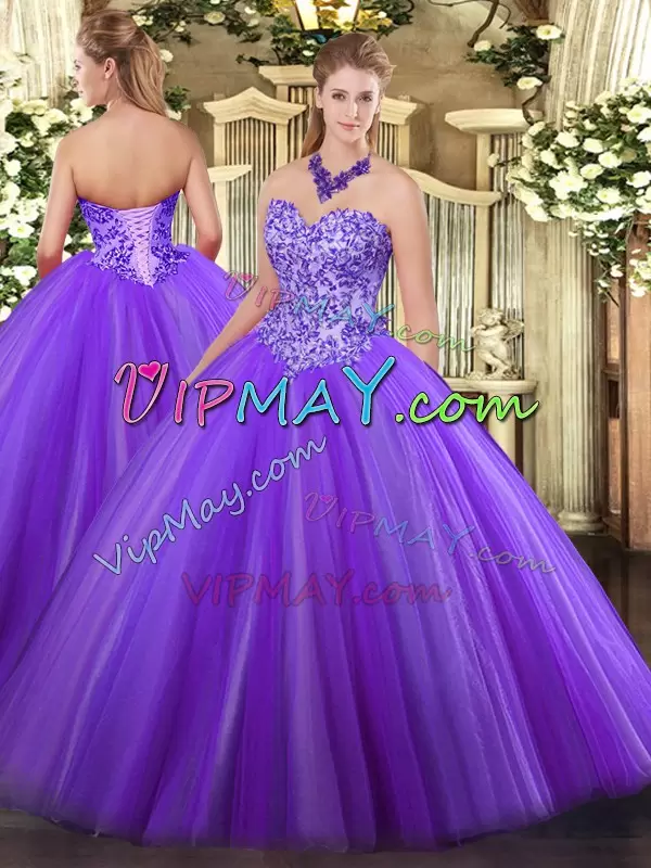 High Class Eggplant Purple Lace Up Quinceanera Dresses Appliques Sleeveless Floor Length