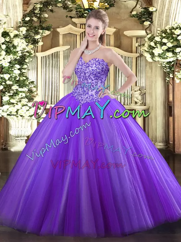 High Class Eggplant Purple Lace Up Quinceanera Dresses Appliques Sleeveless Floor Length