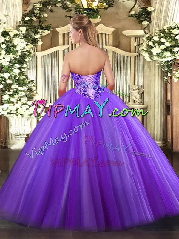 High Class Eggplant Purple Lace Up Quinceanera Dresses Appliques Sleeveless Floor Length