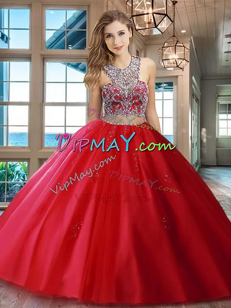 Scoop Sleeveless Brush Train Criss Cross Sweet 16 Quinceanera Dress Red Tulle Beading and Appliques