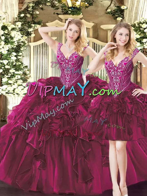 Comfortable Organza Sleeveless Floor Length Sweet 16 Quinceanera Dress and Beading and Ruffles