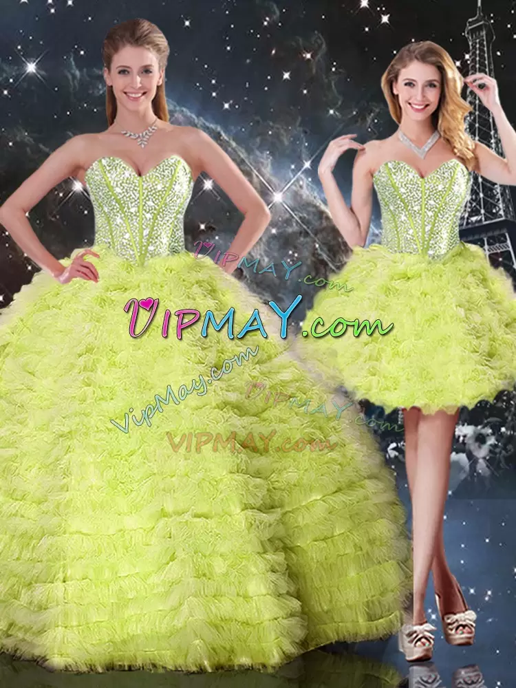 Noble Yellow Green Tulle Lace Up Quinceanera Gowns Sleeveless Floor Length Beading and Ruffles