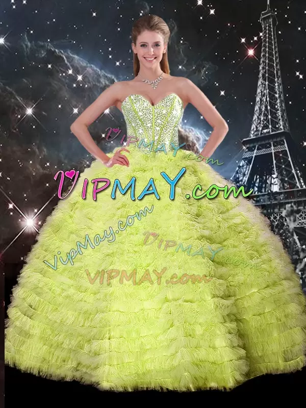 Noble Yellow Green Tulle Lace Up Quinceanera Gowns Sleeveless Floor Length Beading and Ruffles