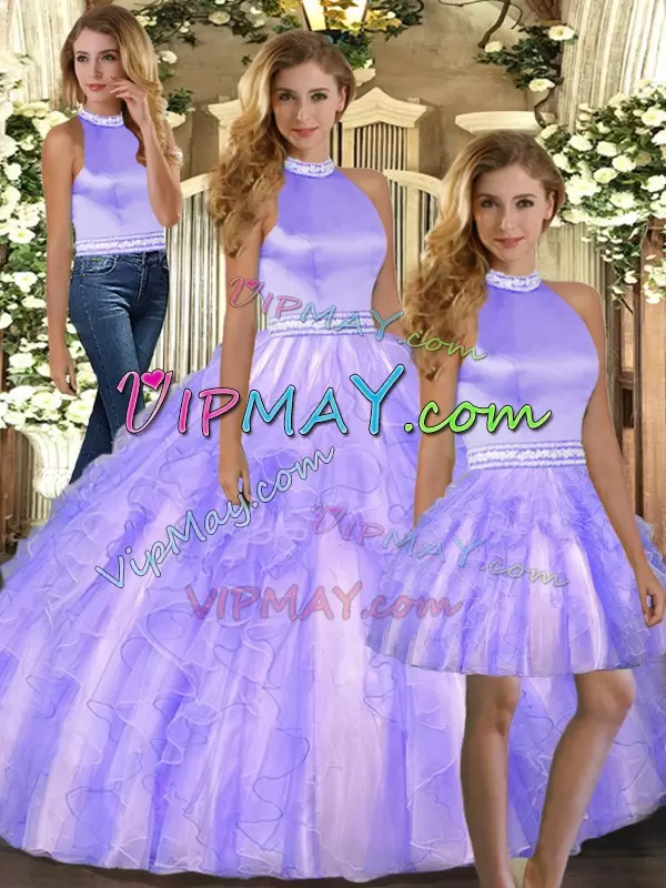 Floor Length Lavender Quinceanera Dress Halter Top Sleeveless Backless