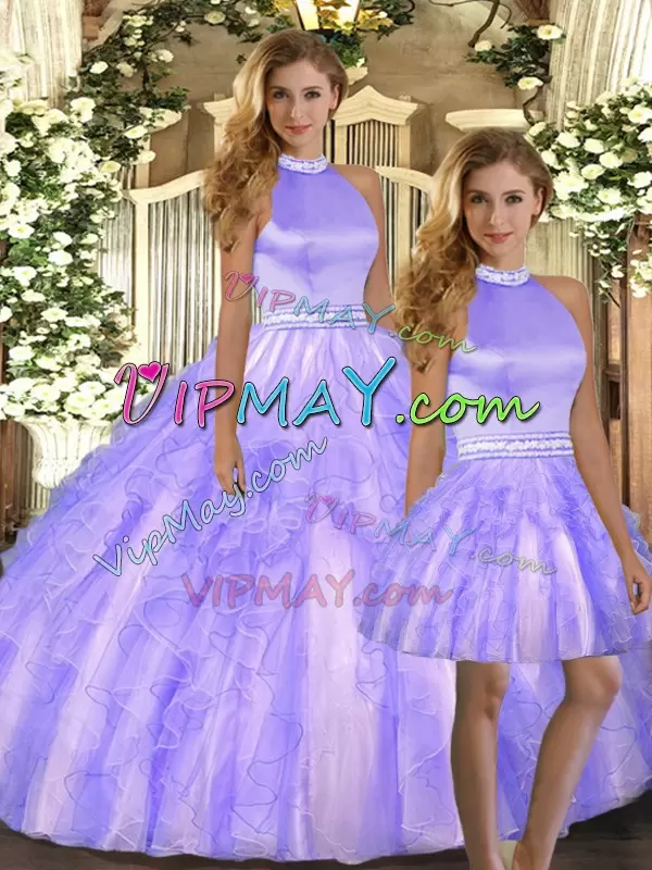 Floor Length Lavender Quinceanera Dress Halter Top Sleeveless Backless