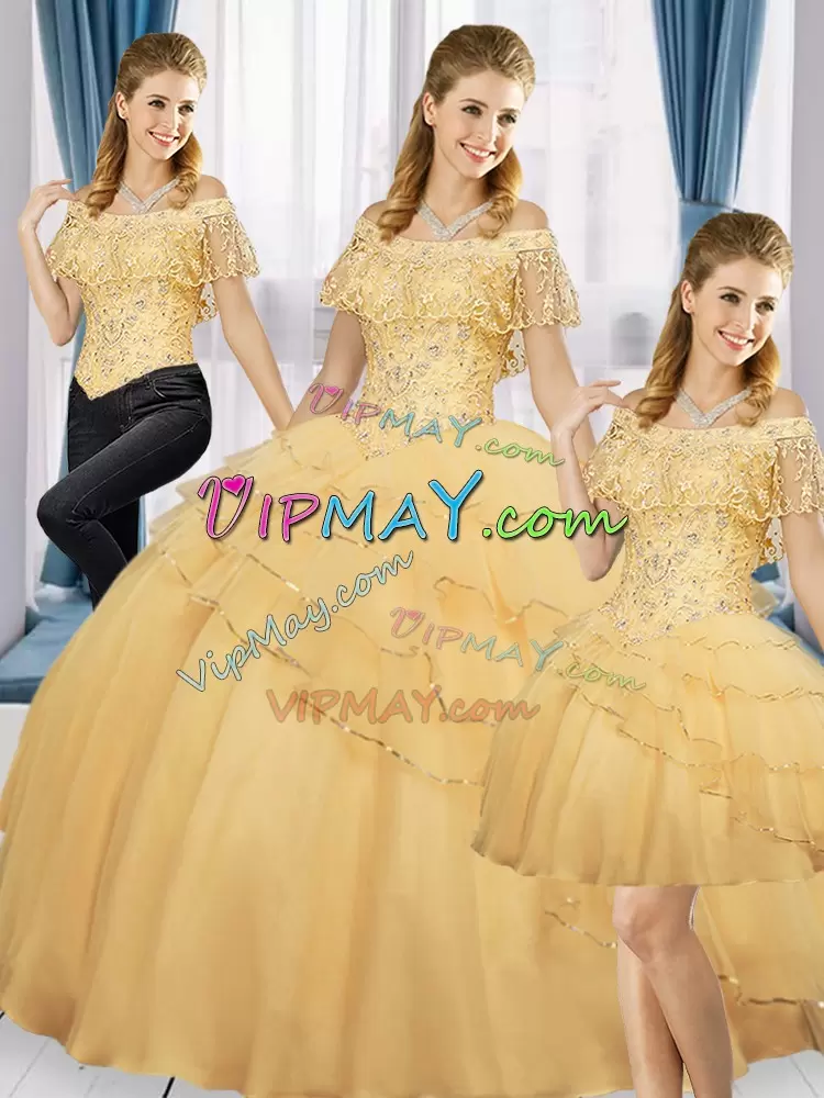 Elegant Sleeveless Tulle Floor Length Lace Up Sweet 16 Quinceanera Dress in Gold with Beading and Ruffled Layers