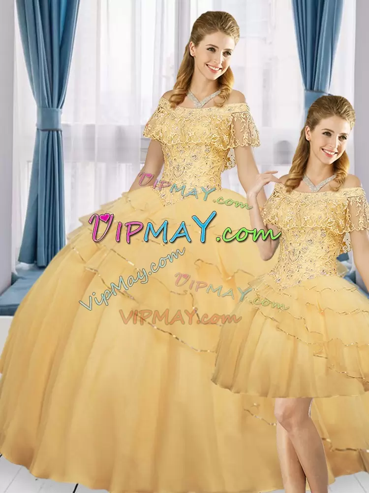 Elegant Sleeveless Tulle Floor Length Lace Up Sweet 16 Quinceanera Dress in Gold with Beading and Ruffled Layers