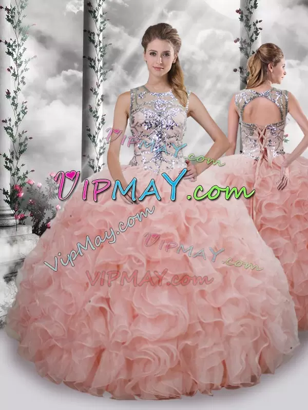 Baby Pink Ball Gowns Beading and Ruffles Quince Ball Gowns Lace Up Organza Sleeveless Floor Length