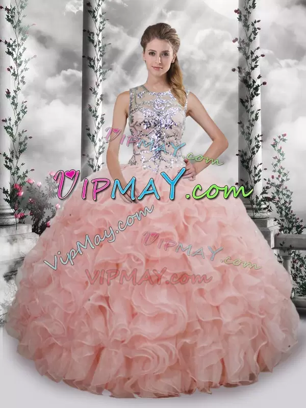 Baby Pink Ball Gowns Beading and Ruffles Quince Ball Gowns Lace Up Organza Sleeveless Floor Length