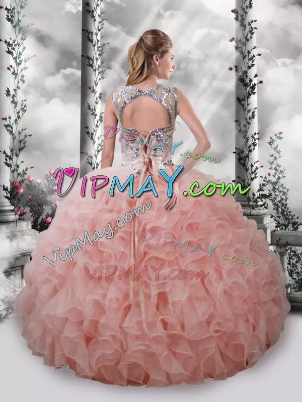 Baby Pink Ball Gowns Beading and Ruffles Quince Ball Gowns Lace Up Organza Sleeveless Floor Length