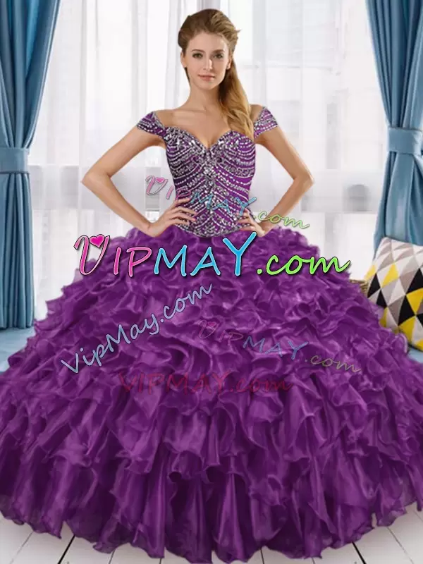 Traditional Purple Organza Lace Up Off The Shoulder Short Sleeves Floor Length Sweet 16 Dresses Beading
