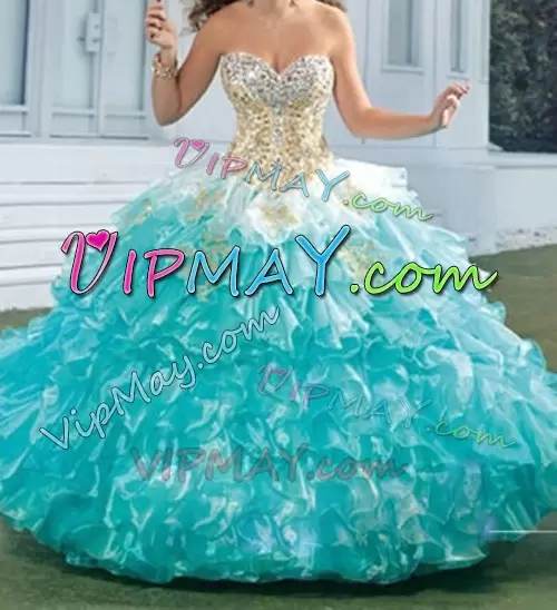 Custom Design Sleeveless Organza Floor Length Lace Up Sweet 16 Dresses in Multi-color with Beading and Appliques