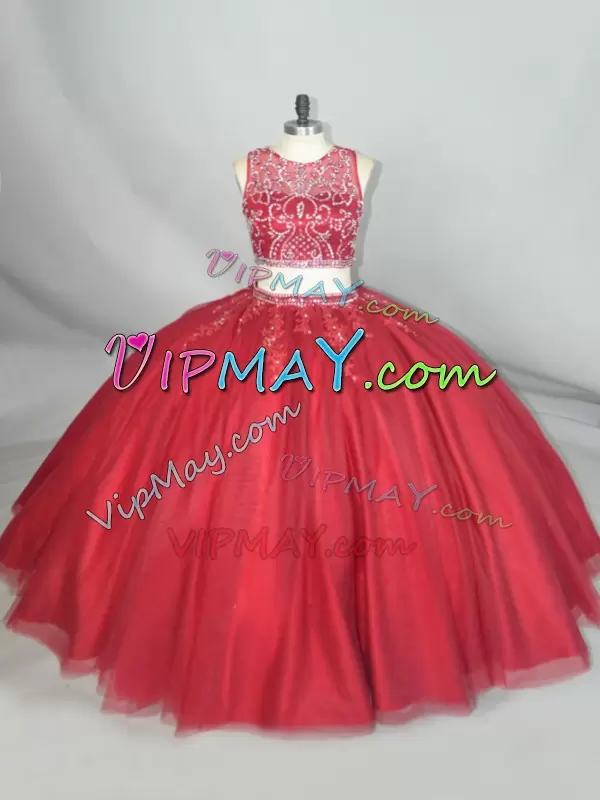 Sexy Wine Red Two Piece Illusion Tulle Zipper Back Quinceanera Dress with Beads and Appliques