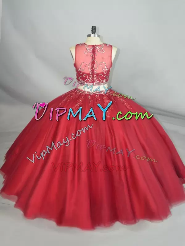 Sexy Wine Red Two Piece Illusion Tulle Zipper Back Quinceanera Dress with Beads and Appliques