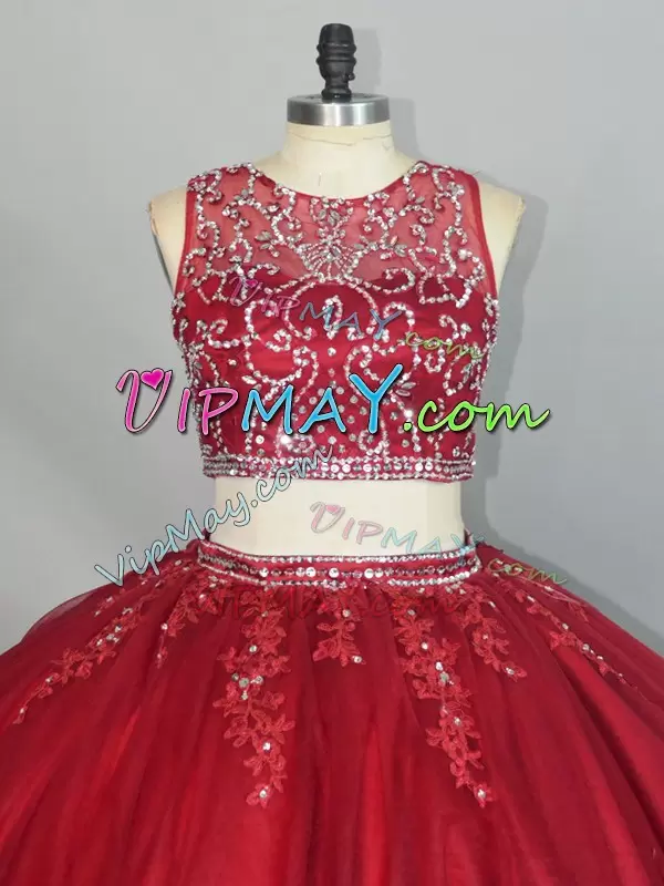 Sexy Wine Red Two Piece Illusion Tulle Zipper Back Quinceanera Dress with Beads and Appliques