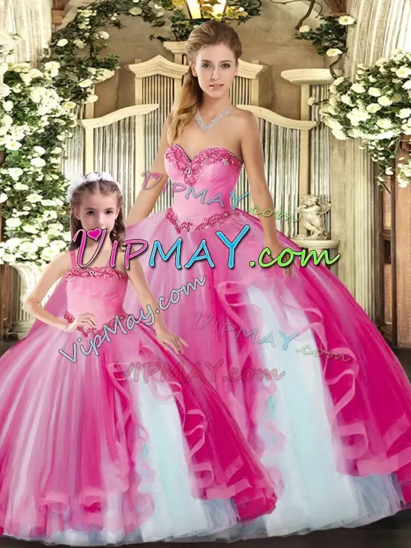 Luxury Ball Gowns 15 Quinceanera Dress Fuchsia Sweetheart Organza Sleeveless Floor Length Lace Up