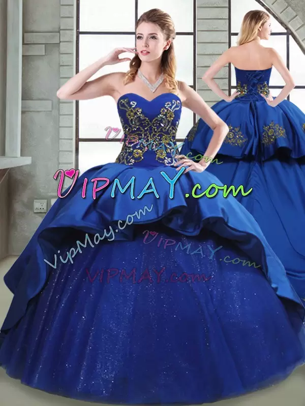 Elegant Sleeveless Beading and Appliques and Embroidery Lace Up 15 Quinceanera Dress with Blue Court Train