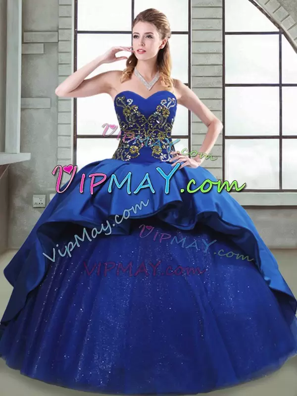 Elegant Sleeveless Beading and Appliques and Embroidery Lace Up 15 Quinceanera Dress with Blue Court Train