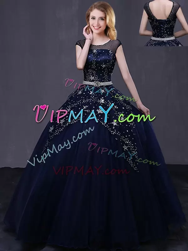 Hot Selling Navy Blue Ball Gowns Beading and Belt Quinceanera Dresses Lace Up Tulle Cap Sleeves Floor Length