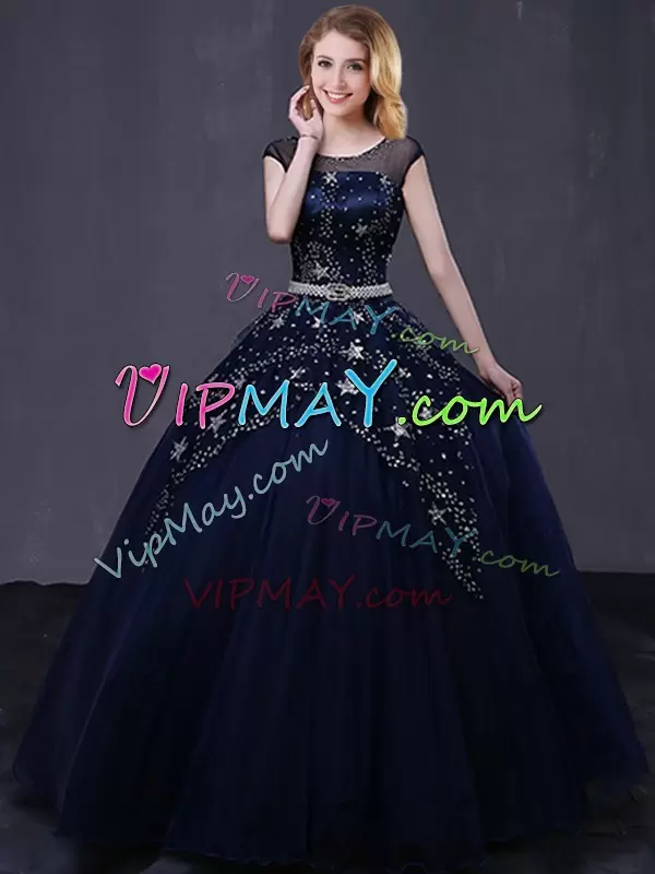 Hot Selling Navy Blue Ball Gowns Beading and Belt Quinceanera Dresses Lace Up Tulle Cap Sleeves Floor Length