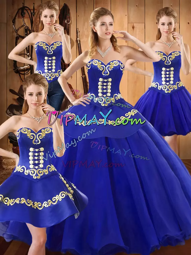 Customized Sleeveless Floor Length Embroidery Lace Up Vestidos de Quinceanera with Blue