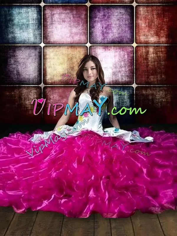 Fashion Fuchsia Ball Gowns Organza Sweetheart Sleeveless Embroidery and Ruffled Layers Floor Length Lace Up Sweet 16 Quinceanera Dress