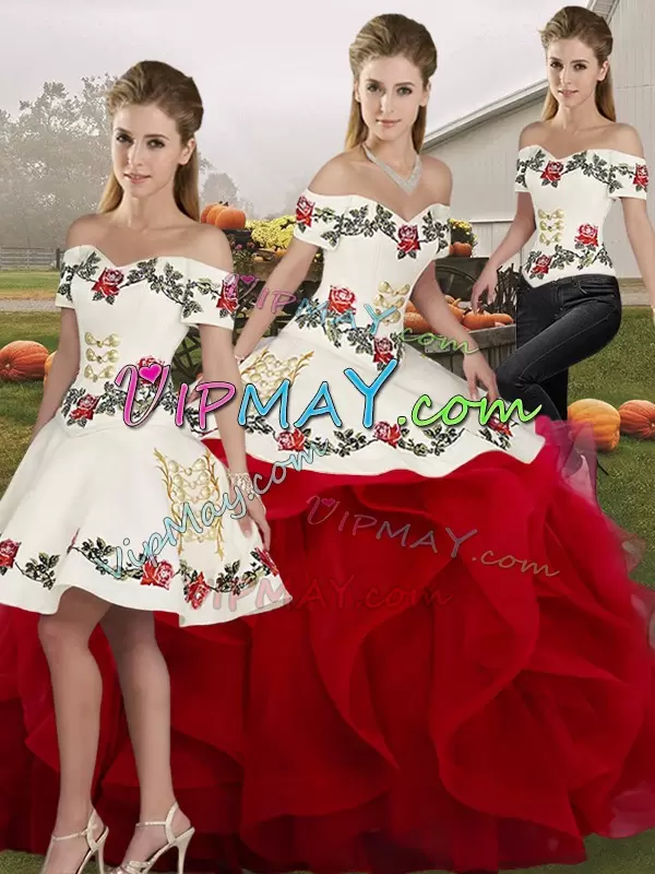 Artistic Floor Length White And Red 15th Birthday Dress Tulle Sleeveless Embroidery and Ruffles