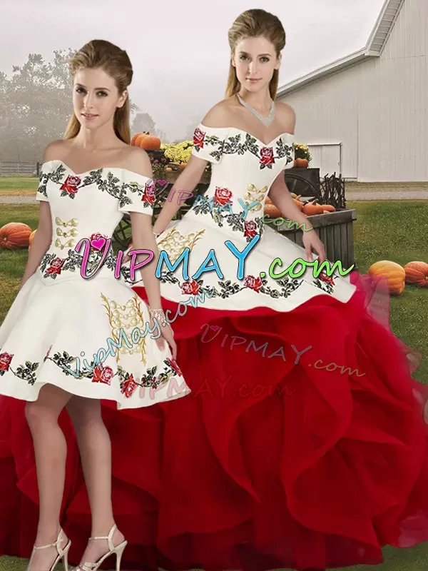 Artistic Floor Length White And Red 15th Birthday Dress Tulle Sleeveless Embroidery and Ruffles