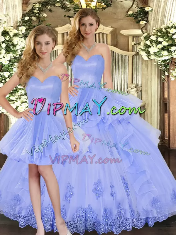 Lovely Floor Length Lace Up Sweet 16 Dress Lavender for Military Ball and Sweet 16 and Quinceanera with Appliques and Ruffles