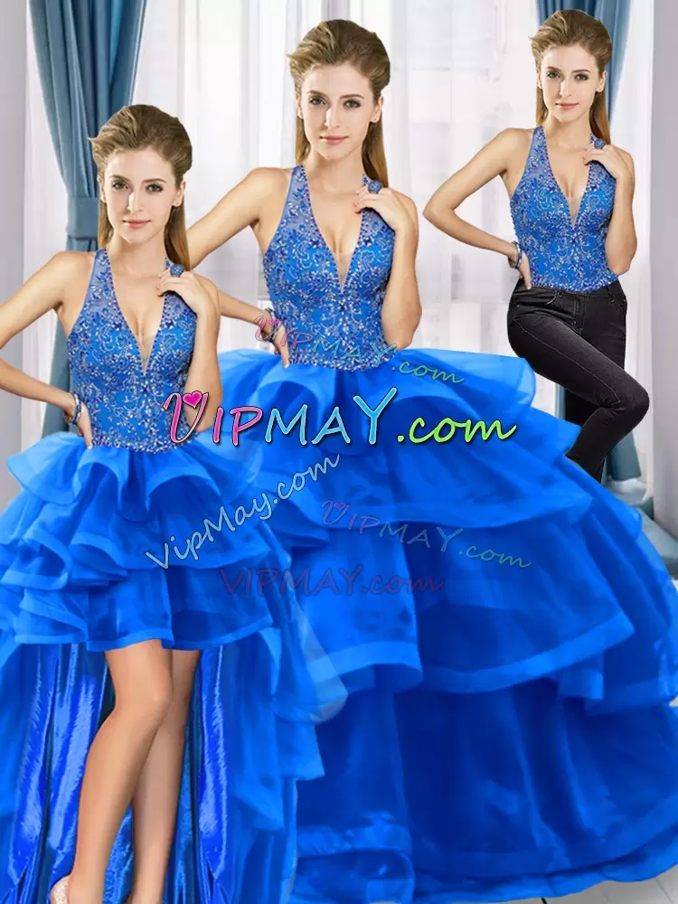 On Sale Royal Blue Sleeveless Beading and Ruffled Layers Floor Length Quinceanera Dress