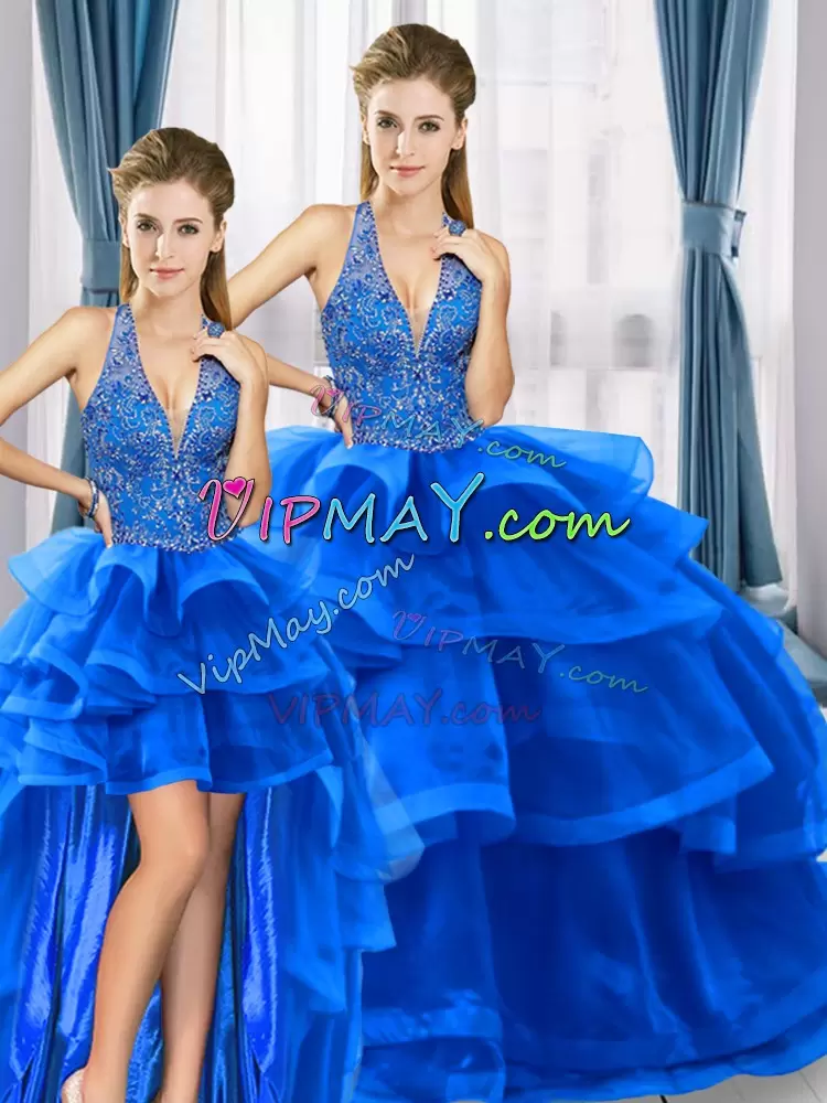 On Sale Royal Blue Sleeveless Beading and Ruffled Layers Floor Length Quinceanera Dress