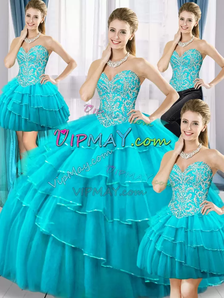 Dramatic Sweetheart Sleeveless Tulle Quince Ball Gowns Beading and Ruffled Layers Lace Up