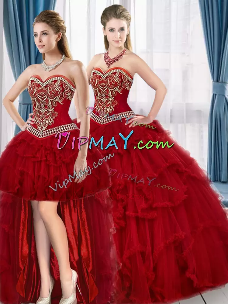 Pretty Floor Length Red Ball Gown Prom Dress Sweetheart Sleeveless Lace Up