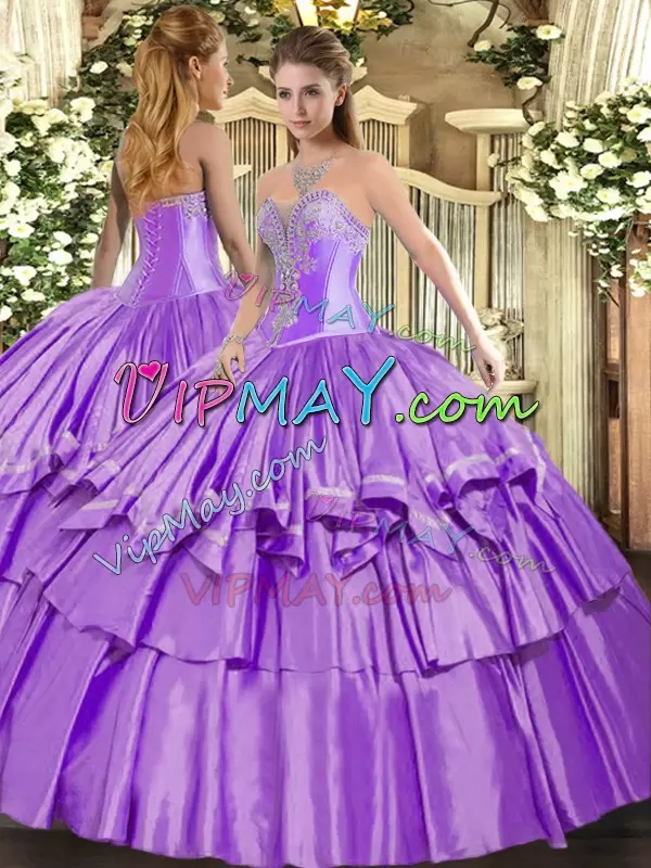 Fashionable Lavender Organza and Taffeta Lace Up Sweet 16 Dress Sleeveless Floor Length Beading and Ruffled Layers