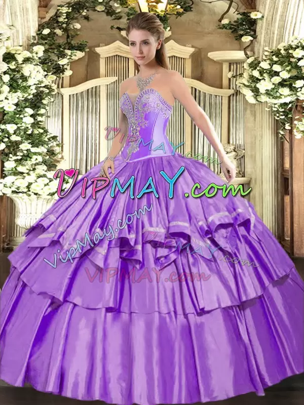 Fashionable Lavender Organza and Taffeta Lace Up Sweet 16 Dress Sleeveless Floor Length Beading and Ruffled Layers