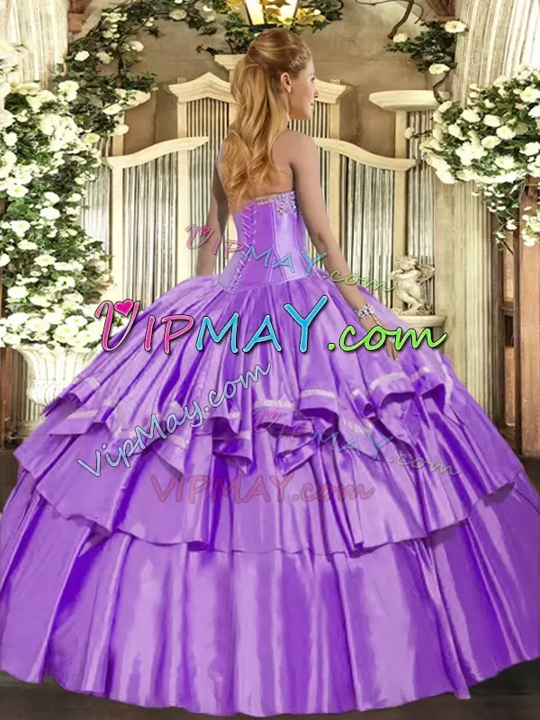 Fashionable Lavender Organza and Taffeta Lace Up Sweet 16 Dress Sleeveless Floor Length Beading and Ruffled Layers