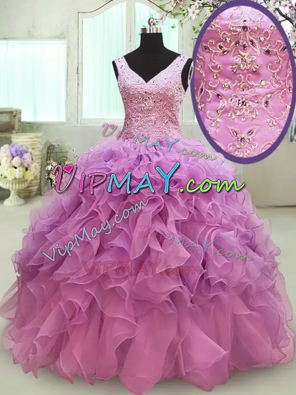 Traditional V-neck Sleeveless Lace Up 15 Quinceanera Dress Lilac Organza Beading and Ruffles