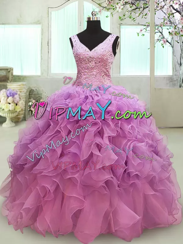 Traditional V-neck Sleeveless Lace Up 15 Quinceanera Dress Lilac Organza Beading and Ruffles