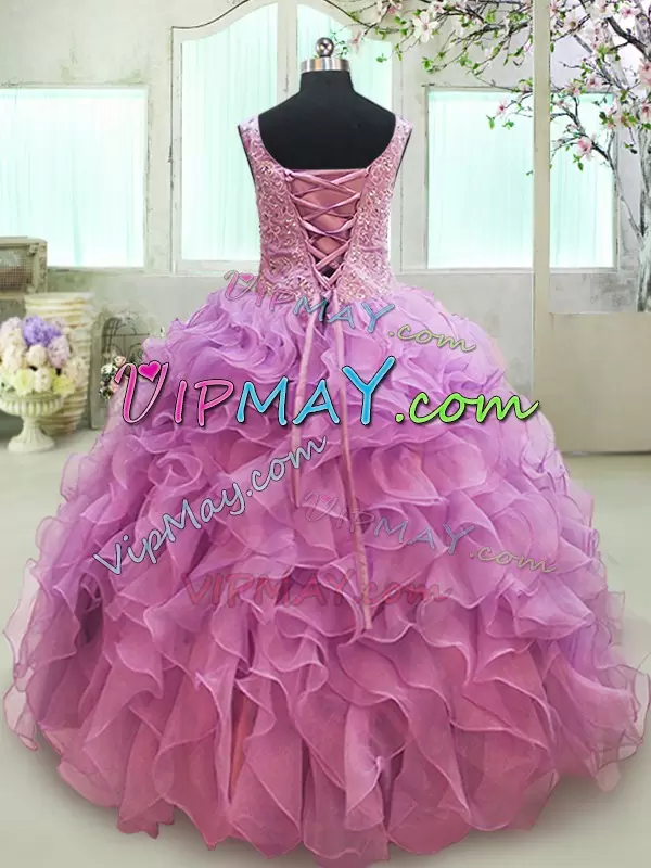 Traditional V-neck Sleeveless Lace Up 15 Quinceanera Dress Lilac Organza Beading and Ruffles