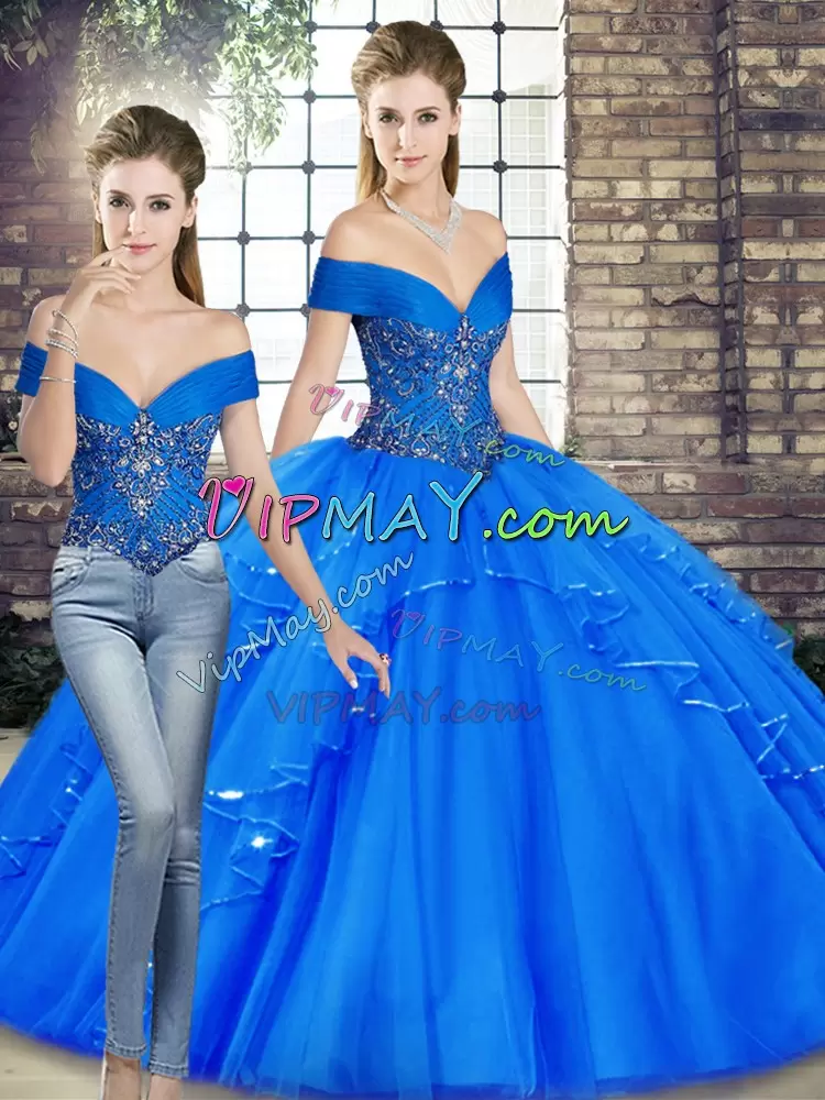 Fabulous Off The Shoulder Sleeveless Tulle Vestidos de Quinceanera Beading and Ruffles Lace Up