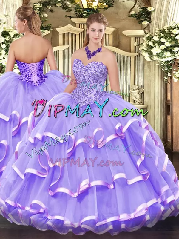 Organza Sleeveless Floor Length Ball Gown Prom Dress and Appliques and Ruffled Layers