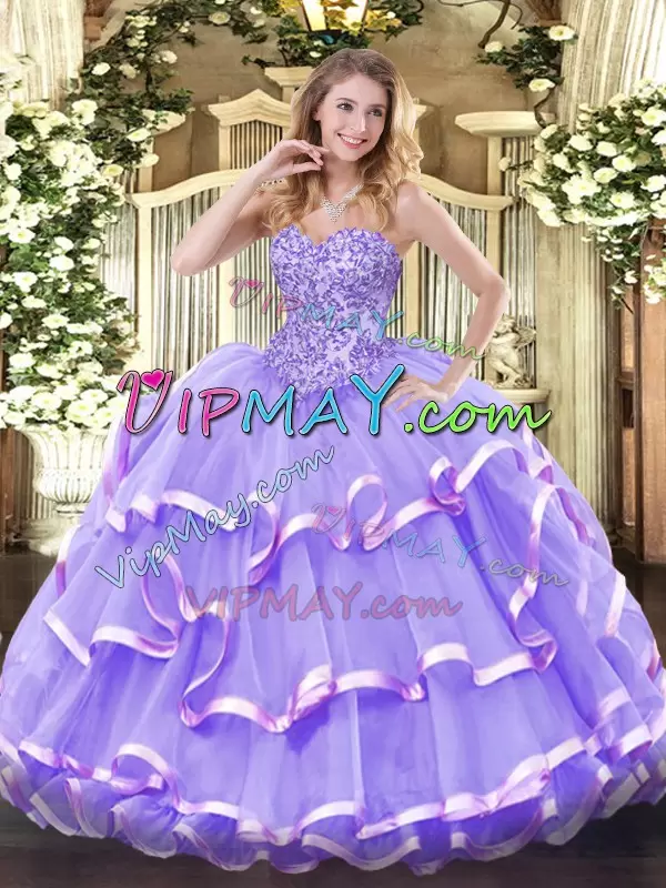 Organza Sleeveless Floor Length Ball Gown Prom Dress and Appliques and Ruffled Layers