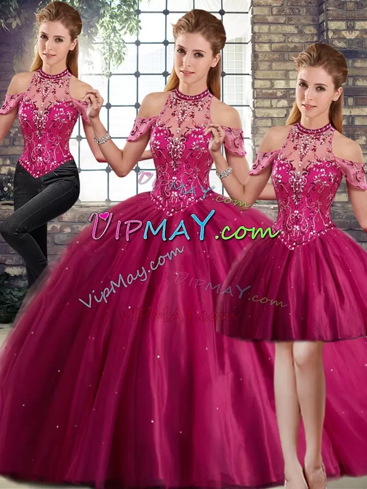 Fuchsia Sweet 16 Dresses Tulle Brush Train Sleeveless Beading