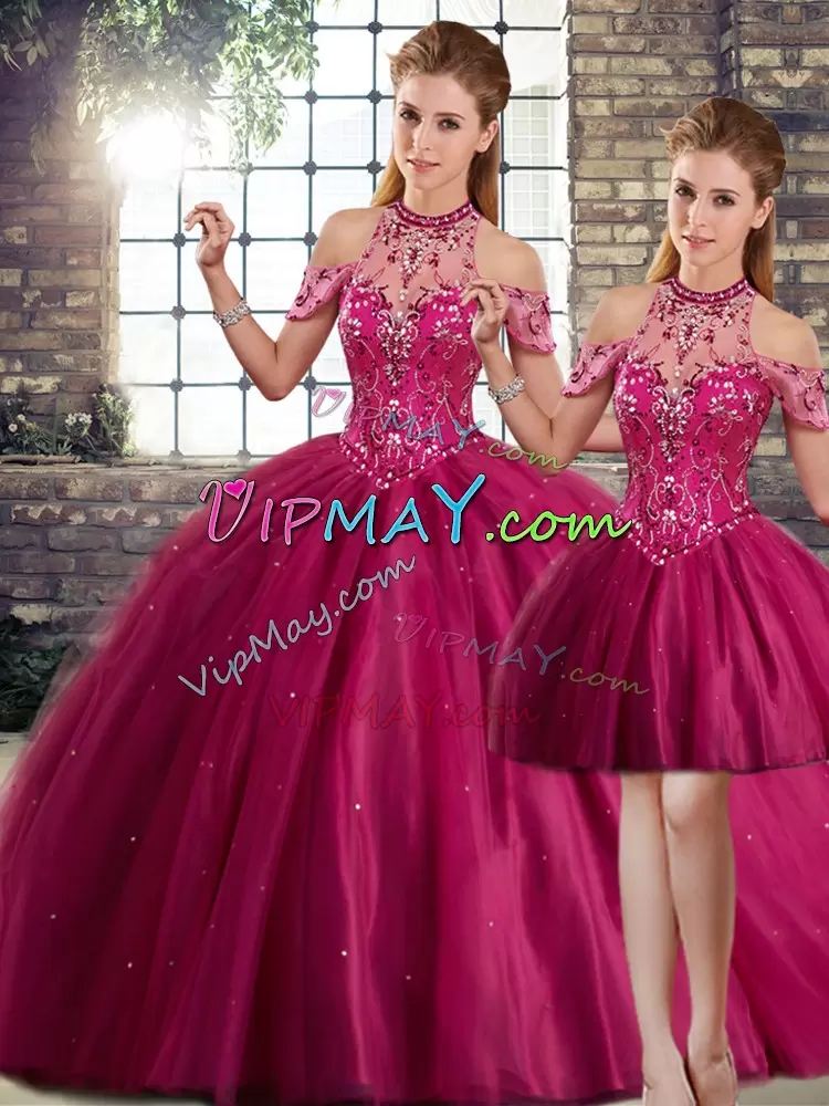 Fuchsia Sweet 16 Dresses Tulle Brush Train Sleeveless Beading